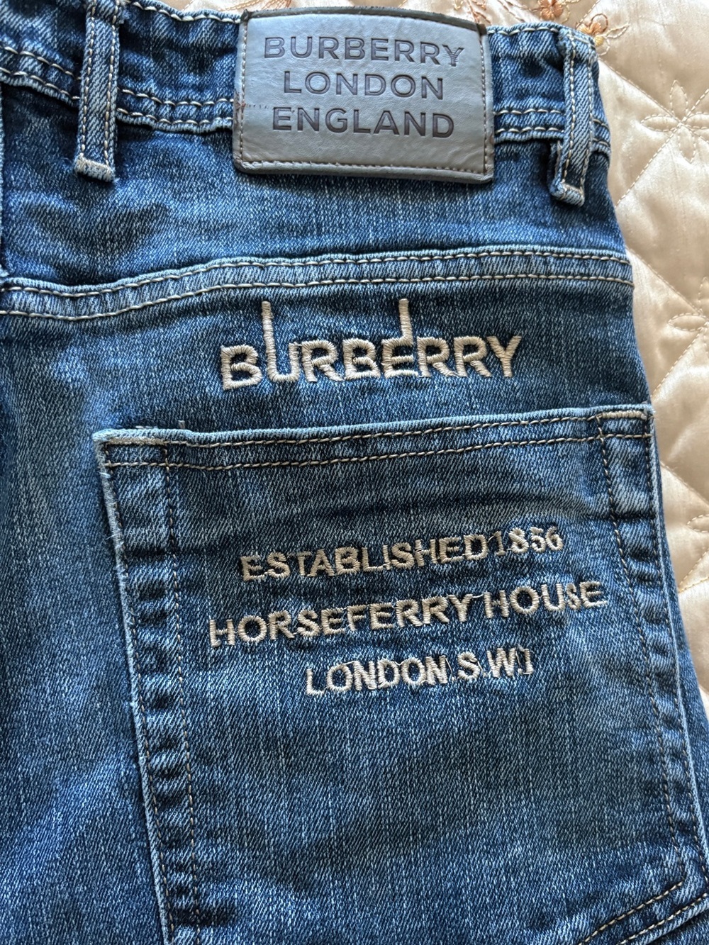 BURBERRY Blue Wash Embroidered Denim Mid-rise Straight Jeans